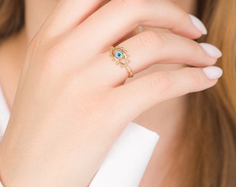 18K,14K,18K Solid Gold Evil Eye Ring, Evil Eye Stone, Good Luck Ring, Dainty Ring, Stackable Ring, Gift For Her Gift For Mom Protection Ring