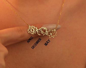 Personalized Multiple Birth flower Necklace, Family Birth Flower Bouquet Necklace, Birth Month Flower, Personalized Gift, Christmas Gift