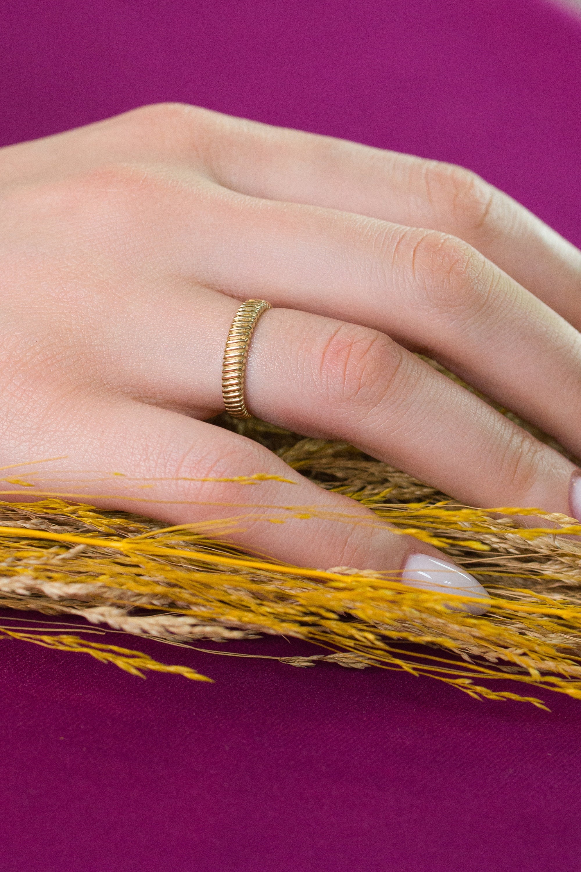 14K Gold Thin Wedding Ring Diagonal Striped Patterned Gift