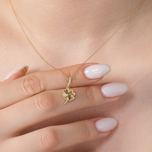 14K Solid Gold Clover Leaf Necklace, Four Leaf Clover, Good Lucky Necklace, Shamrock Pendant, Gold Clover Charm, Four Leaf Clover Pendant