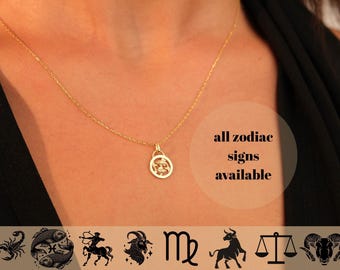 14K Gold Sternzeichen Münze Leo Halskette, Skorpion Sternzeichen Halskette, Astrologie Schmuck, Geburtstagsgeschenk, personalisierter Schmuck, Geschenk für sie