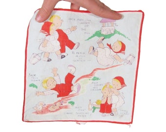 Vintage Children's Handkerchief - 1940s Novelty Print Nursery Rhyme Napkin - Kids Textile - Storybook Illustrated Pocket Square