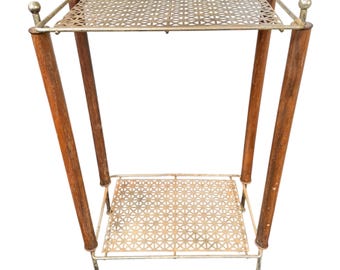 Supporto per telefono vintage in metallo e legno MCM - Tavolino laterale Mid Century - Supporto per piante in ottone e noce con griglia romana anni '70