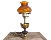Vintage Amber and Amethyst Glass and Brass Lamp - Hobnail Fenton Glass - Orange and Purple Table Lamp - Art Glass Antique Table Top Lamp