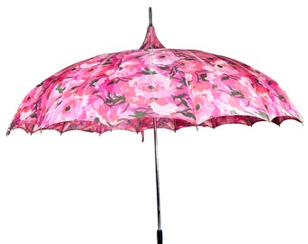 Vintage Pink Floral Pagoda Umbrella - 1960s Wedding Parasol - Steampunk Witch Mid-Century Accessory - Wedding Prop - Hook Handle