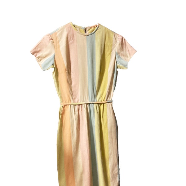 Vintage 1960s 60s XS Striped Cotton Day Dress - Sue Brett Junior Dress - Cocktail Dress - Short Sleeved Party Dress Spring Pastels