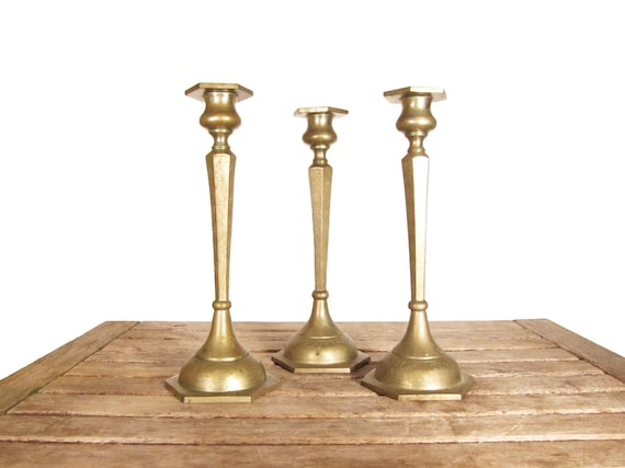 Two Matching Vintage Tall Etched Brass Floor Candlesticks Candle