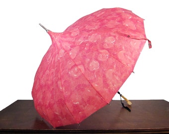 Vintage Barbie Pink Pagoda Umbrella - 1950s Floral Parasol - Abstract Floral Pointed Umbrella with Carved Hook Curve Handle