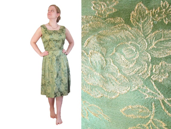 Vintage 1960s 60s Green Brocade Cocktail Dress - L