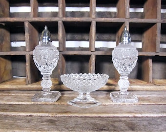 Vintage Pair of Clear Cut Glass Salt and Pepper Shakers with Matching Salt Cellar - Pedestal Footed Hobnail Diamond Cut Tableware