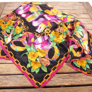 Vintage Oscar de la Renta Studio Silk Scarf - Dark Floral Jewel Toned Bangle Chain and Tropical Flower Novelty Print - 80s 1980s Glam