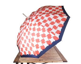 Vintage Red White and Blue Checkered Umbrella - 1980s Bright Houndstooth Pattern Parasol - Rain Accessory - Wedding Prop - Red Canopy