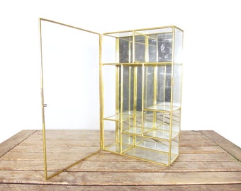 Vintage Brass and Glass Curio Cabinet - Small Tabletop or Wall Mounted Display Case - Glass Box with Shelves - Set of Shelves - Gold Casket