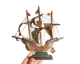 Vintage Ship Model - Mid Century Wooden Ship - The Queen - Canvas String Wood Ship Figurine - Handmade Model Boat Sailboat - Gifts for Guys