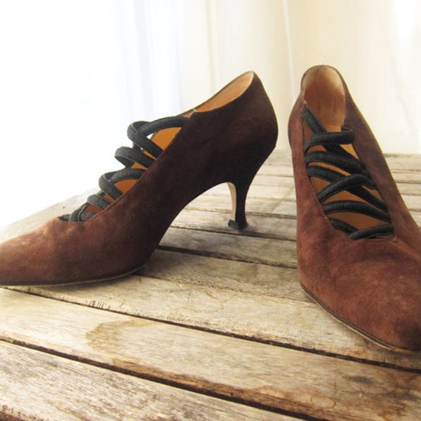 Vintage Suede Brown Heels - Size 7 Designer Made In Italy - Rustic Chocolate Pumps