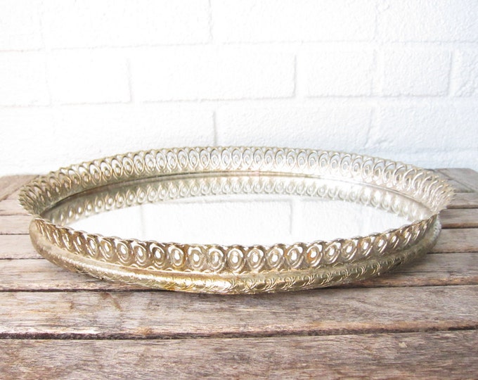 Vintage Silver Oval Mirror Tray With Filigree Scrollwork Etsy