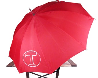 Vintage Red 'T' Umbrella - 1980s Bright Monogrammed Parasol - Rain Accessory - Wedding Prop - Red Canopy