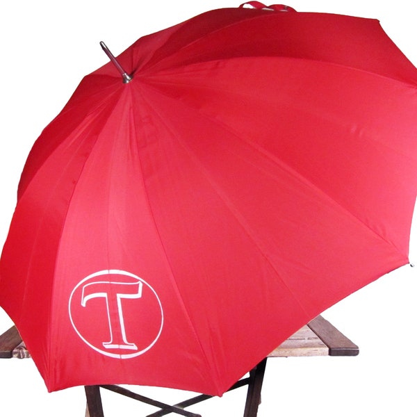 Vintage Red 'T' Umbrella - 1980s Bright Monogrammed Parasol - Rain Accessory - Wedding Prop - Red Canopy
