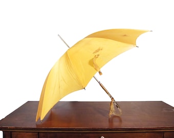 Vintage Yellow Touch N Go Umbrella - As Is - 1950s Bright Gold Parasol - Mid Century One Handed Opening and Closing Umbrella - Steampunk