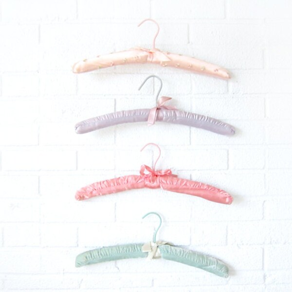 RESERVED - Vintage Pastel Padded Fabric Hangers - Cream, Lavender, Light Lavender and Peach Satin Dress Hangers