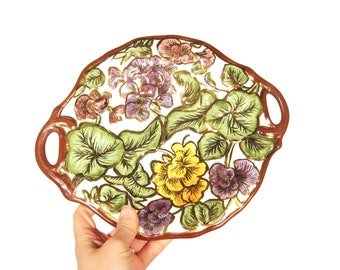 Vintage Hand Painted Floral Platter - Mae Mc Call Original Gold Flower Dinner Plate - Gold Rimmed Rim Embossed - 1970s 70s Kitsch