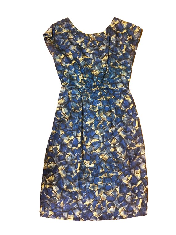 Vintage Abstract Blue 60s Silk Dress and Cropped … - image 3