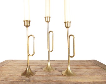 Vintage Brass Candlesticks -Set of Three Brass Candle Sticks - Trumpet Bugle Style Brass Candleholders Hollywood Regency Classic Table Decor