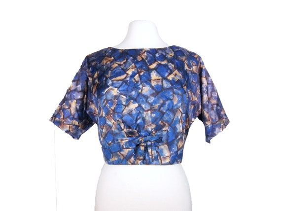 Vintage Abstract Blue 60s Silk Dress and Cropped … - image 2