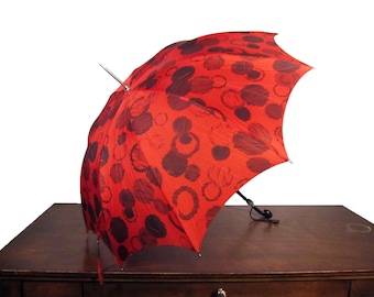 Vintage Red Polka Dot Umbrella - 1960s Black and Red Abstract - Steampunk Floral Mid-Century Rain Accessory - Wedding Prop - Dark Floral