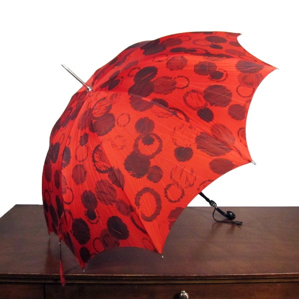 Ombrello vintage a pois rossi - Nero e rosso astratto degli anni '60 - Accessorio per pioggia Mid-Century floreale Steampunk - Oggetti di scena per matrimoni - Floreale scuro