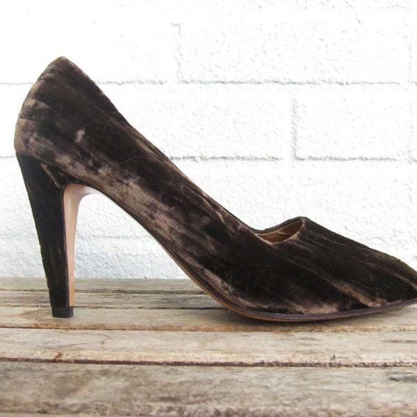 Vintage Chocolate Velvet Heels - Brown and Gold Shoes - Size 6.5 - Italian Leather and Velvet Pumps - Anne Klein Couture