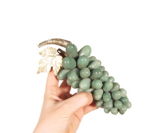 Vintage Green Stone Grapes - Moss Green Carved Large Bunch of Grapes - 70s Teal Grapes Mid-Century Modern Fruit Decor Grape Bundle Leaves