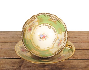 Tasse à thé et soucoupe vintage anglaises en porcelaine - Tasse à thé Angleterre Balmoral R & D Redfern Drakeford - Paire de thés vert et or Angleterre