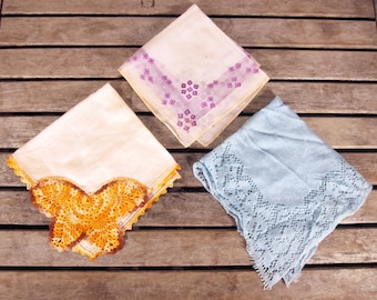 Set of 3 Vintage Handkerchiefs- 1940s Pocket Squares - Antique Textiles - Irish Linen, Silk, and Synthetic Lace - Three Hankies