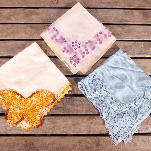 Set of 3 Vintage Handkerchiefs- 1940s Pocket Squares - Antique Textiles - Irish Linen, Silk, and Synthetic Lace - Three Hankies