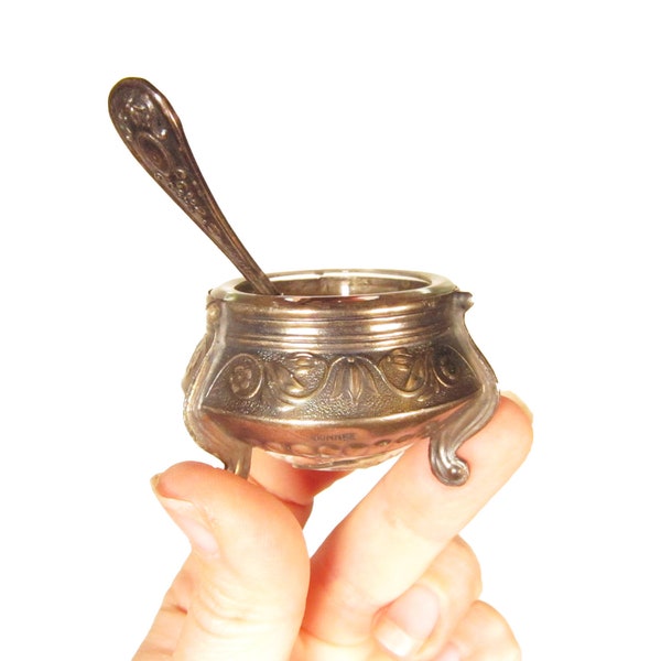 Vintage Glass and Copper–Nickel Salt Cellar and Spoon - USSR 70s 80s Footed Tiny Tableware - Condiment Dish and Tiny Spoon