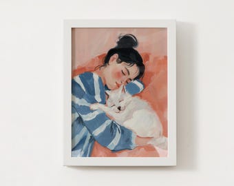 白い猫を抱きしめる女の子のウォールアート - 居心地の良い寝室のデジタルダウンロード、ペット愛好家向けの印刷可能なポスター、気まぐれな猫のイラスト、温かみのある美的装飾