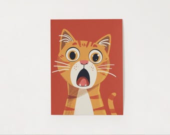 Surprised Orange Tabby Cat Art Print – Funny Cat Wall Decor, Cute Cartoon Cat Illustration, Animal Lover Gift, Playful Whimsical Pet Poster