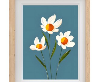 White Daisy Flower Wall Art – Digital Download, Printable Floral Art, Minimalist Botanical Print, Blue Background, Modern Daisy Poste