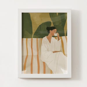 Minimalist Woman Drinking Tea Wall Art–Cozy Feminine Print, Modern Relaxing Home Decor, Self Care Artwork, Neutral Boho Illustration Poster