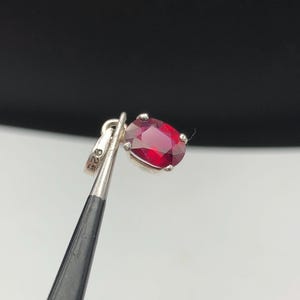 Può includere: Un ciondolo in argento con una pietra preziosa rosso scuro dal taglio ovale fissata da quattro griffe. Il gancio in argento reca il numero 925, che indica una composizione in argento sterling. Il ciondolo è tenuto da una pinzetta metallica.