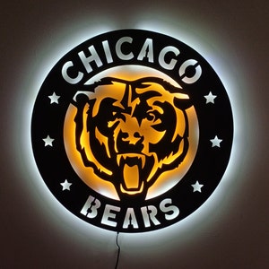 Chicago Bears, Letrero LED de metal, Letrero de equipo deportivo, Letrero de aficionado deportivo, Letrero con iluminación LED, Diseño de arte mural, Garaje, Decoración de cuevas masculinas