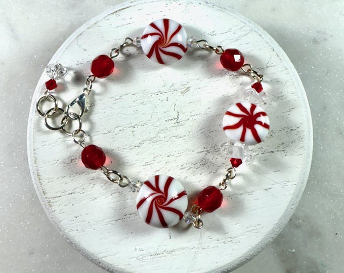 Featured listing image: PEPPERMINT SWIRL • Bracelet • Crystal • Sterling Silver • Holiday • Christmas • Candy