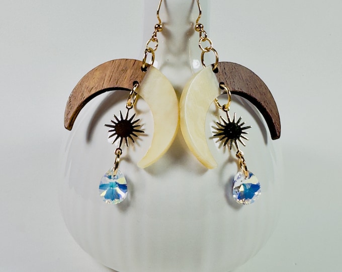 Featured listing image: MOON DROP • Earrings • Swarovski Crystal • Acrylic • Wood • Gold-filled • Celestial
