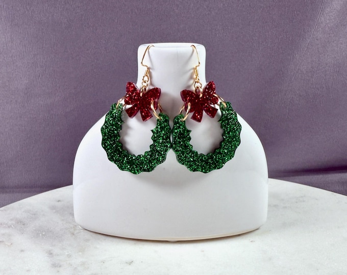 Featured listing image: GLITTERLING GARLAND WREATH • Earrings • Glitter Acrylic • Gold-filled • Holiday • Christmas