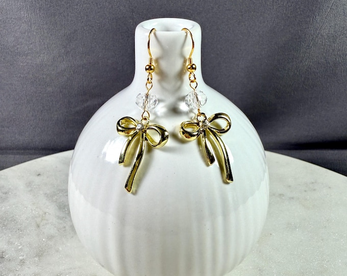 Featured listing image: COQUETTE RIBBON BOW • Earrings • Swarovski Crystal • Silver or Gold • Bow • Gift for Her • Wedding