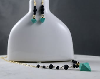 PARAGON • Necklace & Earring Set • Turquoise • Lava Stone • Gold-fill • Diffuser • Aromatherapy Jewelry