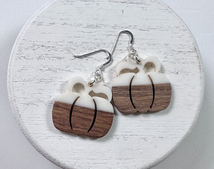 Featured listing image: PETER PUMPKIN • Earrings • Wood • Acrylic • Sterling Silver • Fall • Halloween