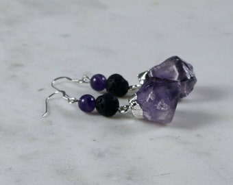 SALIENT • Earrings • Amethyst • Sterling Silver •  Black Lava Stone • Diffuser • Aromatherapy Jewelry