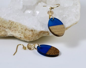 BLUE OVATE • Earrings • Acrylic • Wood • Swarovski Crystal • Gold-fill